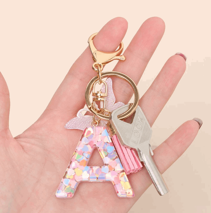 Resin Keychain, Round Shape, With Glittering Letters, Real Pink Flowers and  Gold Leaf. Unique With Butterfly -  Finland