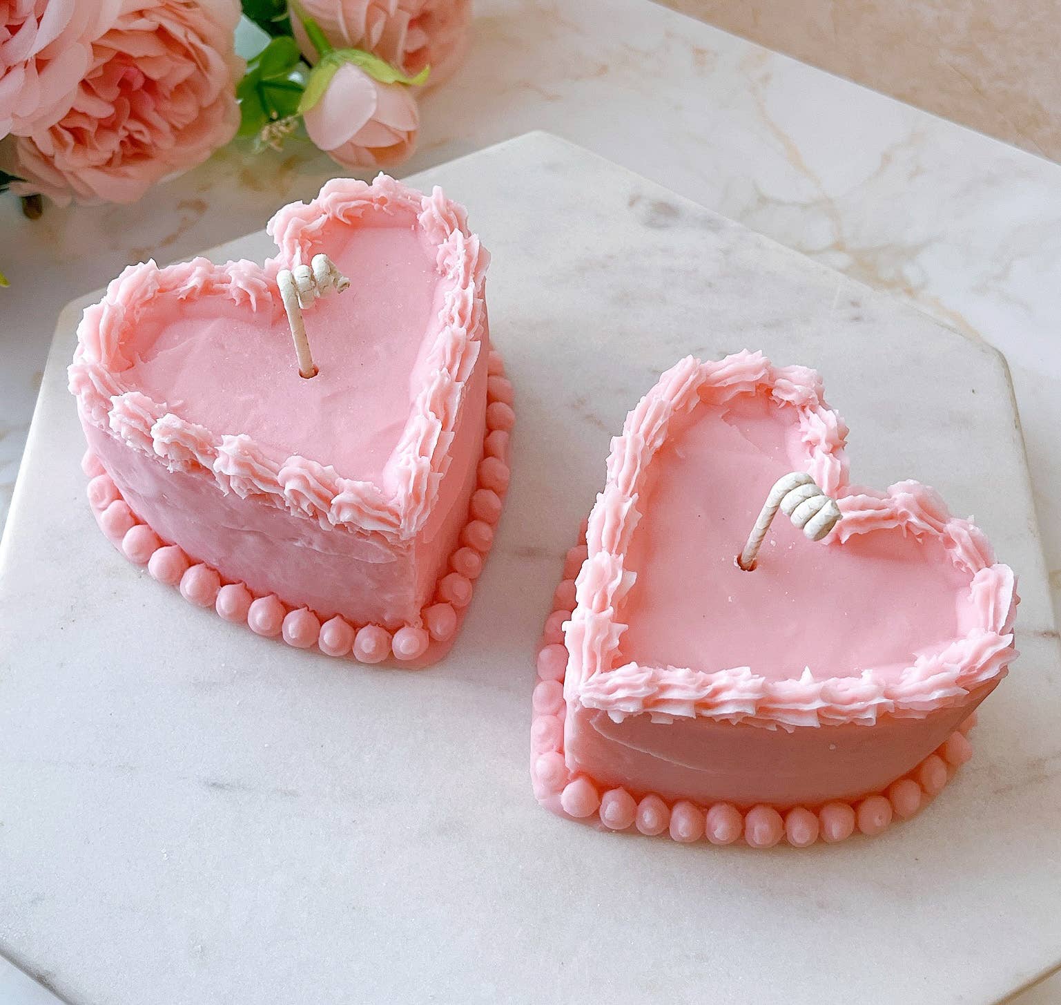 Frosted Pink Pastel Heart Shaped Mini Dessert Cake Candle