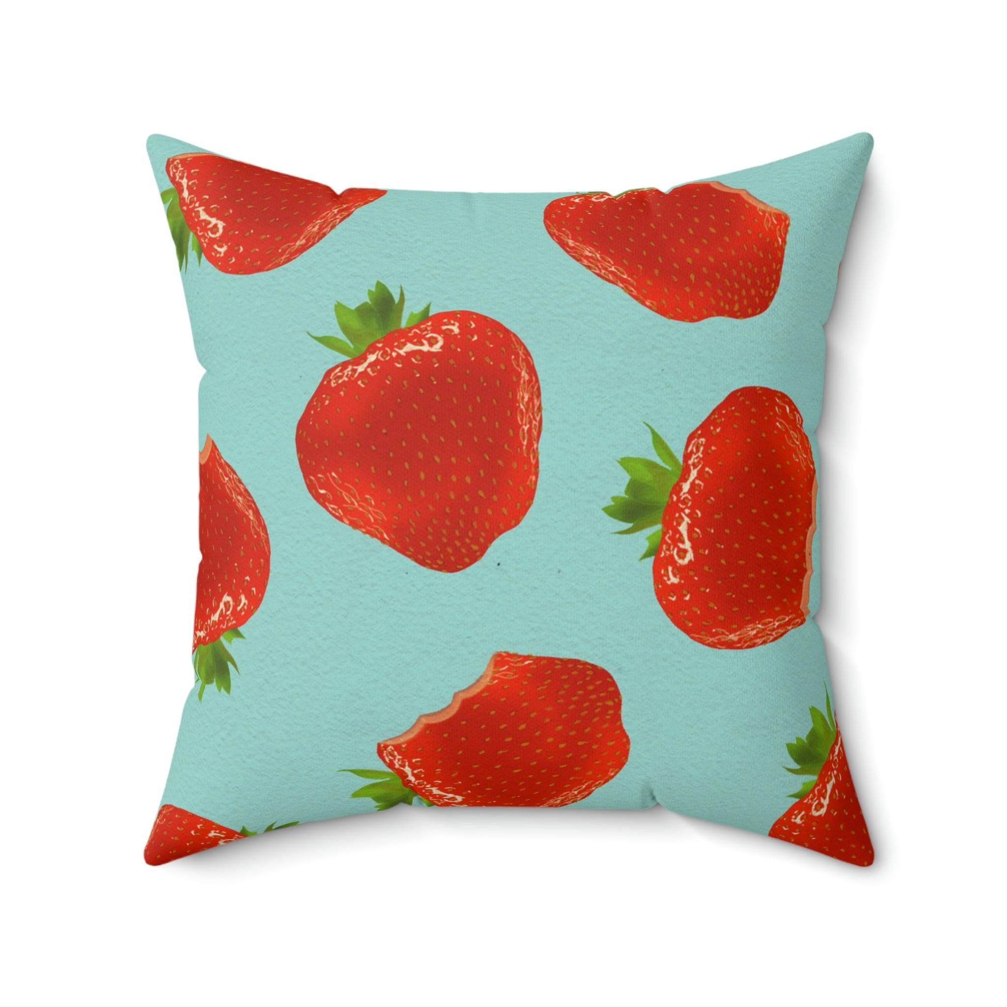 Bite My Strawberry Square Pillow Home Decor Pink Sweetheart