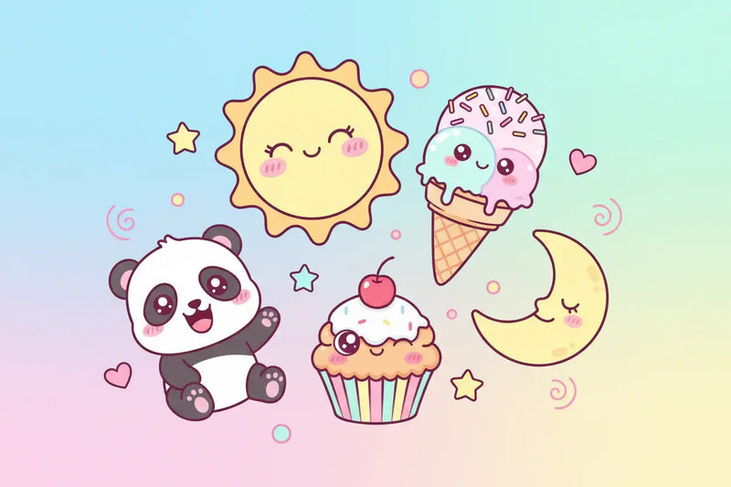 create a fun and colorful image with cute adorable kawaii things and pastel background but no text in the image