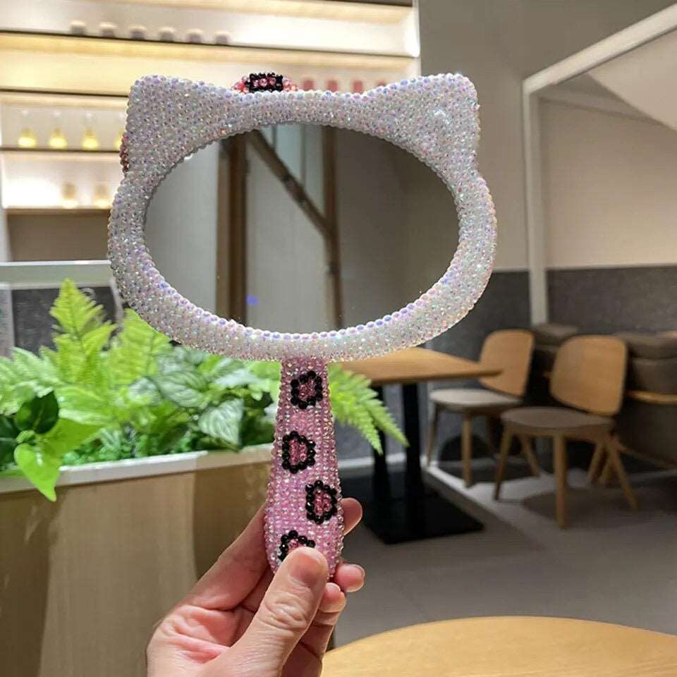 Pink Cheetah Rhinestone Handheld Hello Kawaii Kitty Mirror