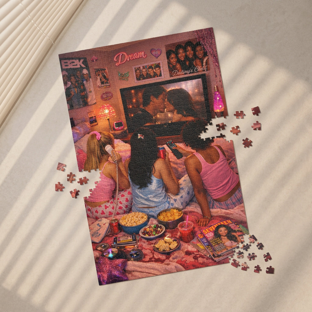 Jigsaw puzzle with a colorful design of four women in a room, featuring a TV and snacks.