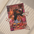 Jigsaw puzzle with a colorful design of four women in a room, featuring a TV and snacks.