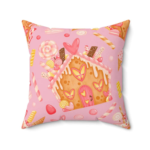 Big Gingerbread House Square Pillow - Pink Sweetheart