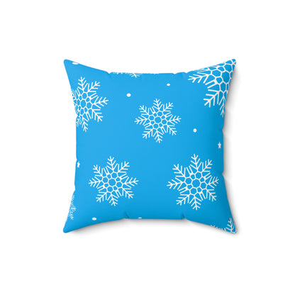Almohada cuadrada con copos de nieve de invierno azul escarchado