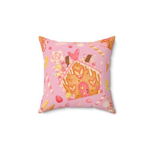 Big Gingerbread House Square Pillow - Pink Sweetheart