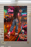 Person on roller skates in a neon-lit roller rink with 'Skate' and 'West Coast Rollers' signs.