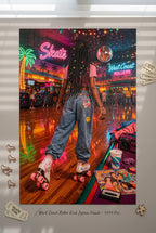Person on roller skates in a neon-lit roller rink with 'Skate' and 'West Coast Rollers' signs.