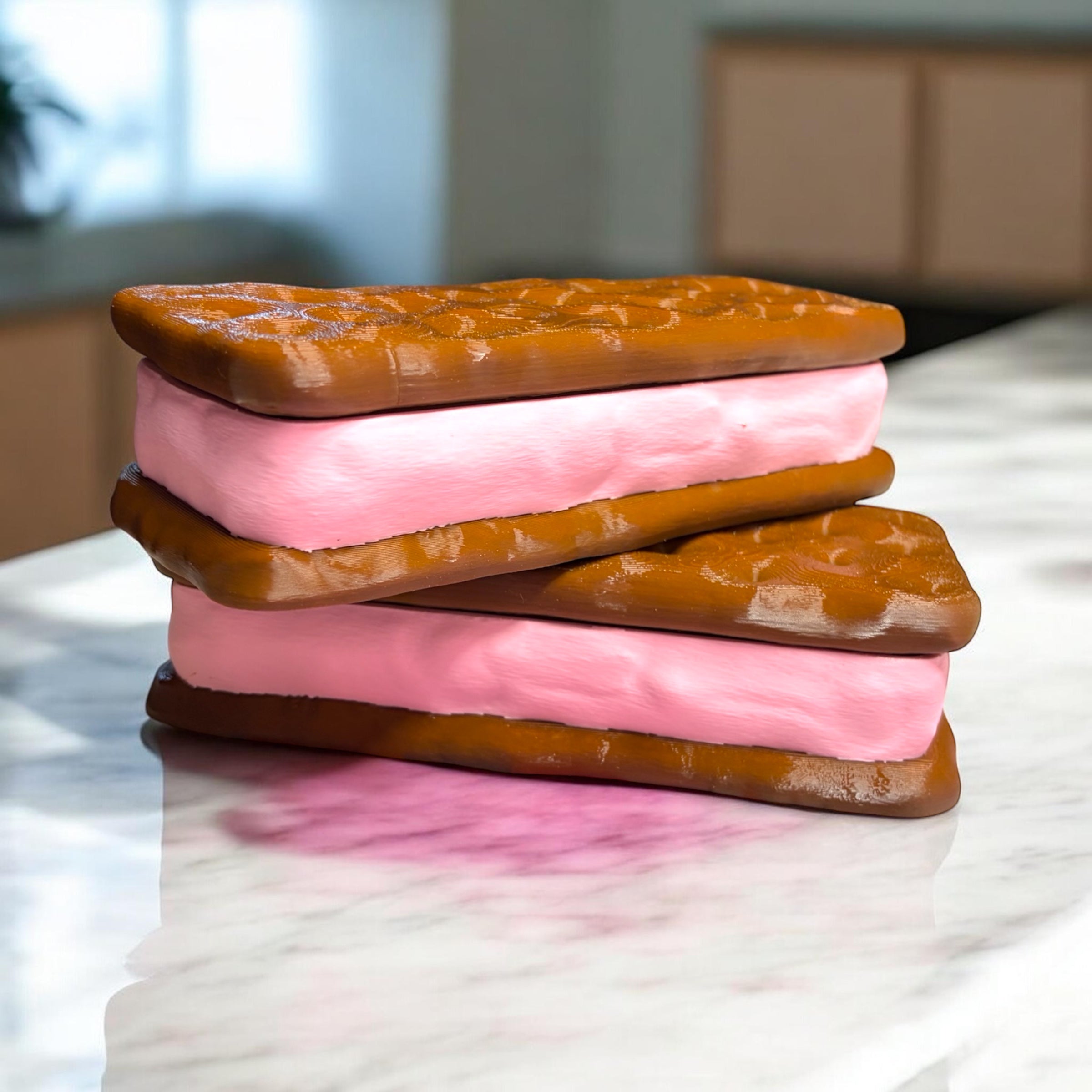 Stack of pink ice cream sandwiches with brown cookies on a reflective surface.