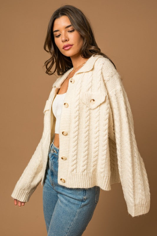 Collared Cable Knit Sweater Cardigan