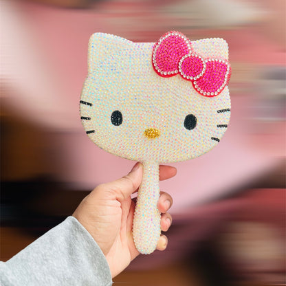 Crystal Rhinestone Handheld Hello Kawaii Kitty Mirror - Pink Bow