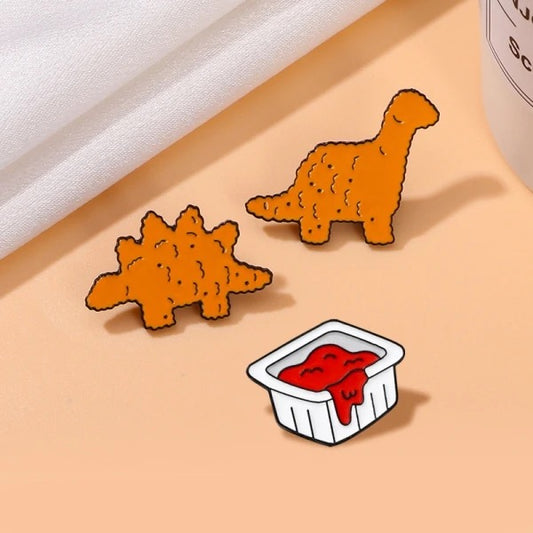 Dinosaur Dino Nuggets with Dipping Sauce Enamel Pin Set 3pc