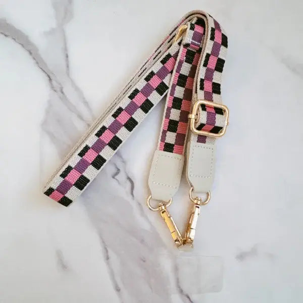 Checkered Crossbody Phone Lanyard - Pink Sweetheart