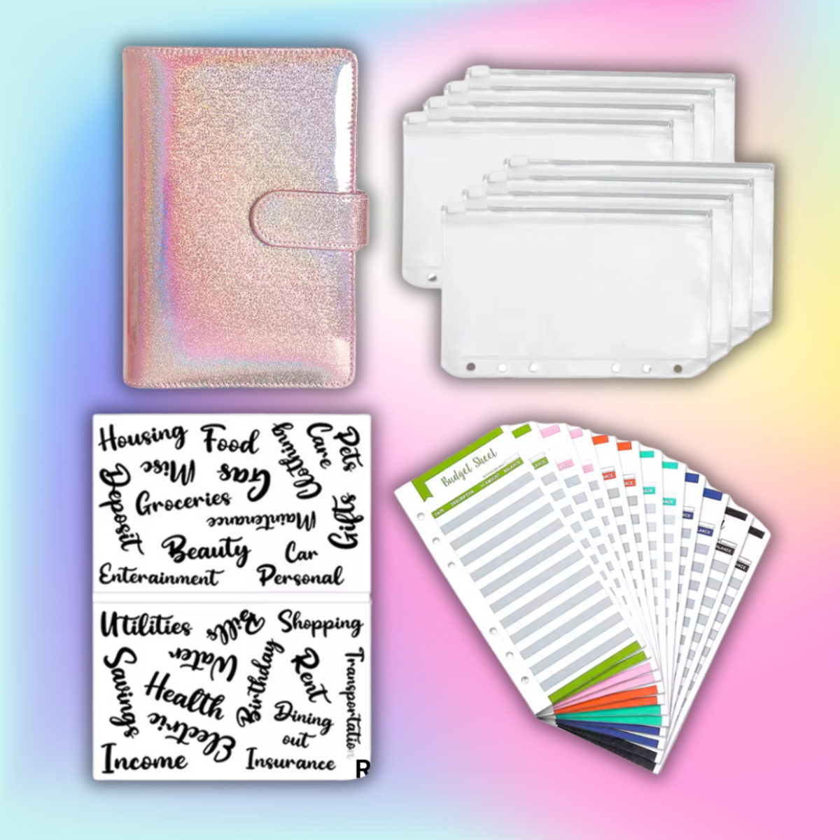 Pink Champagne Shimmer Holographic A6 Budget Binder