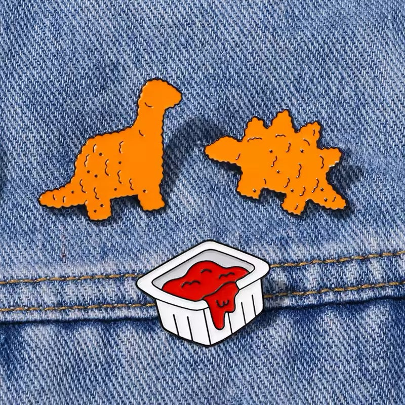Dinosaur Dino Nuggets with Dipping Sauce Enamel Pin Set 3pc