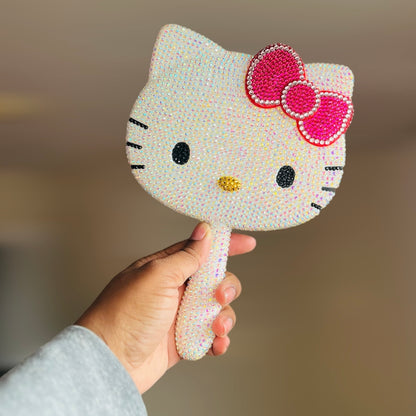 Crystal Rhinestone Handheld Hello Kawaii Kitty Mirror - Pink Bow