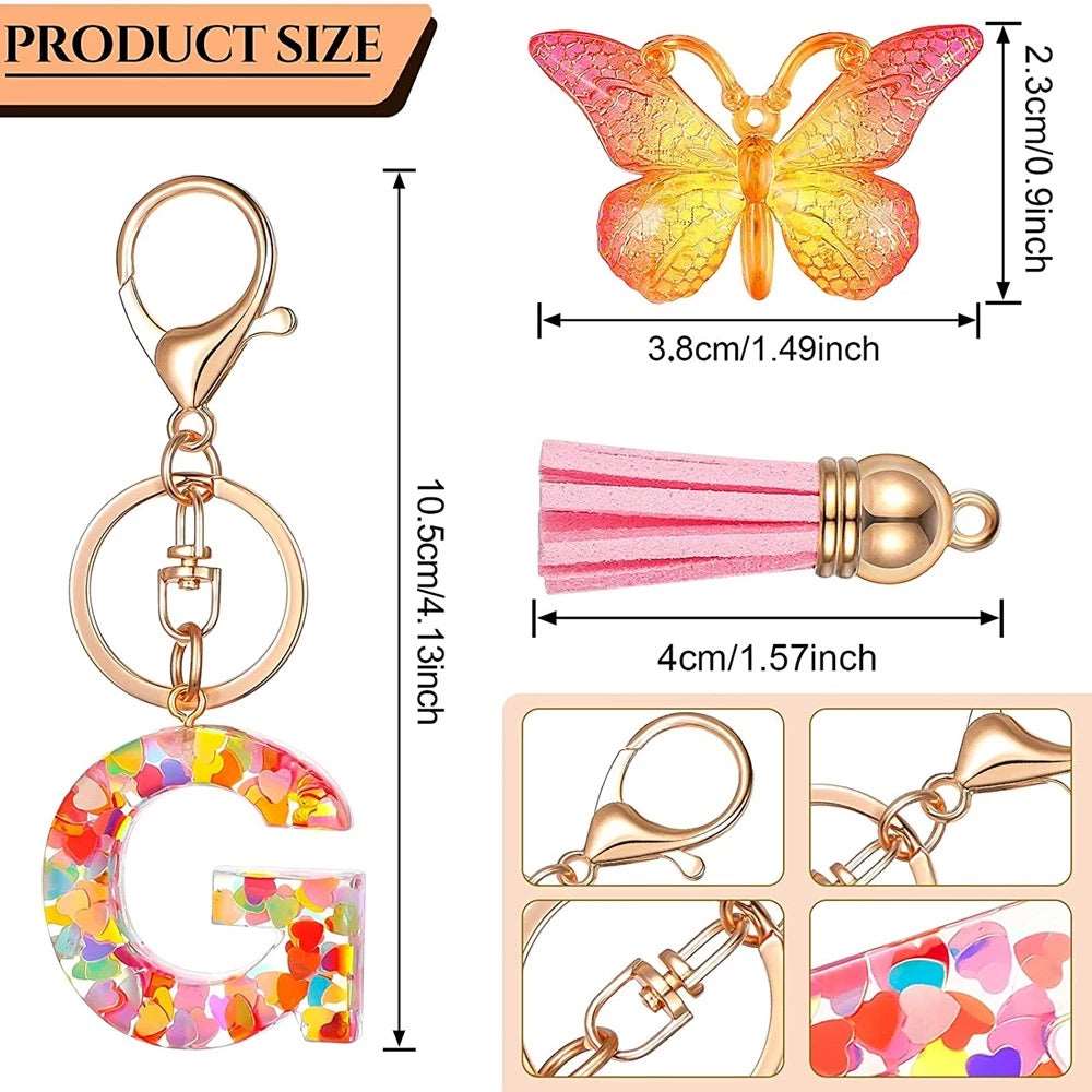 TTYY Initial Letter Keychains for Girls Women Pink Purple Green Cute Butterfly Heart Keychain for Backpack School Bag