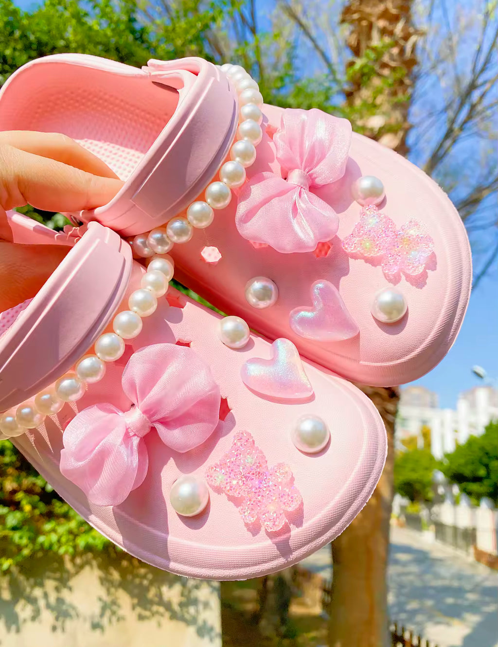 Pink Cherry Blossom Pearl Clog Charms Set