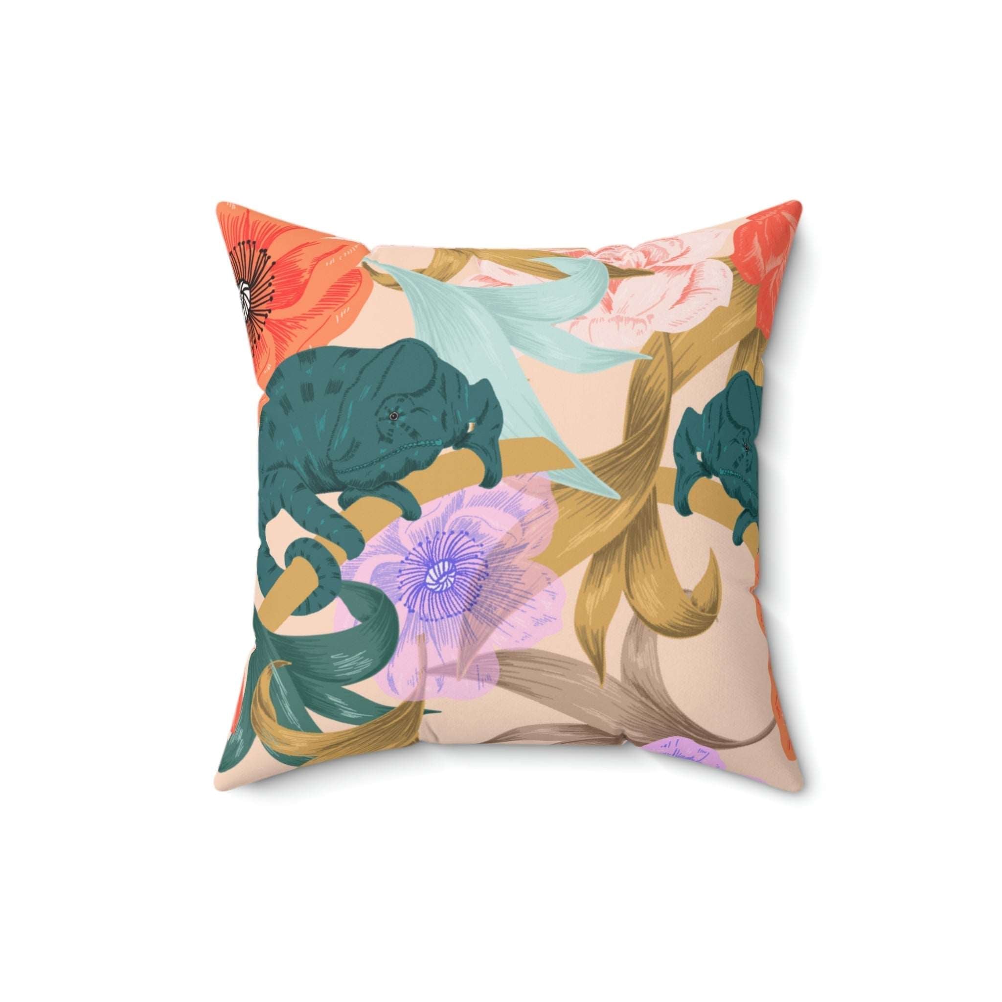 Chameleon in Flowers Square Pillow Home Decor Pink Sweetheart