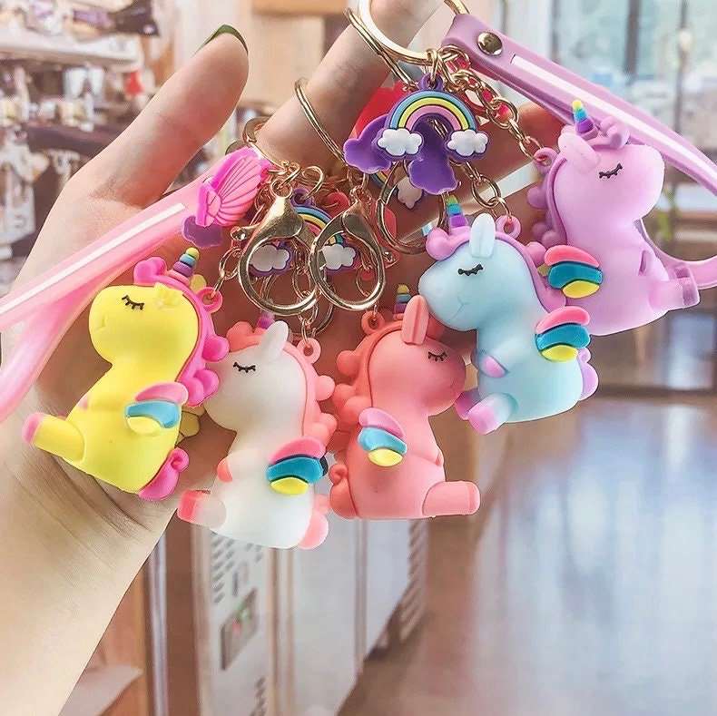 Chibi Rainbow Unicorn Rubber Keychain Charm Keychains Pink Sweetheart