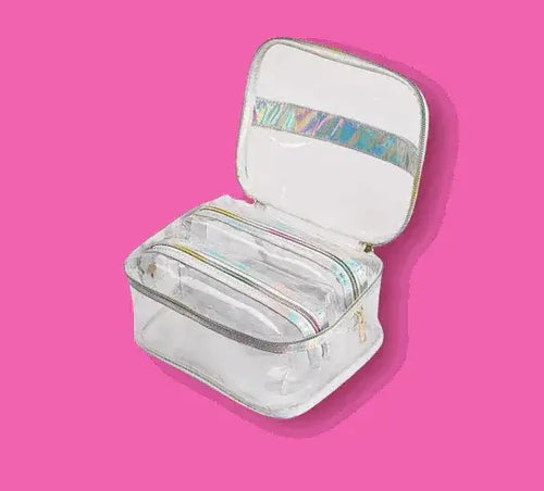 Clear Holo Rainbow Jelly Makeup Bag Trio Set - Pink Sweetheart