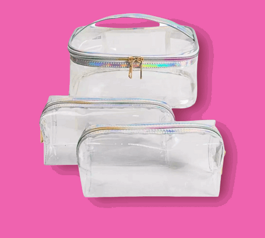 Clear Holo Rainbow Jelly Makeup Bag Trio Set Cosmetic & Toiletry Bags Pink Sweetheart