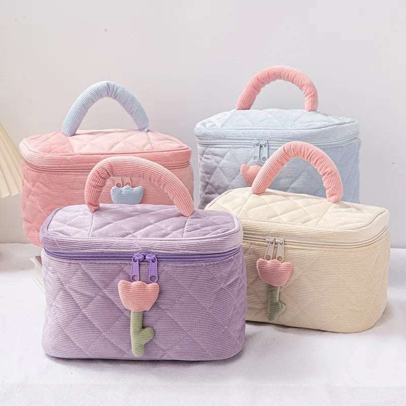 Corduroy Flower Cosmetic Makeup Bag Set Cosmetic & Toiletry Bags Pink Sweetheart