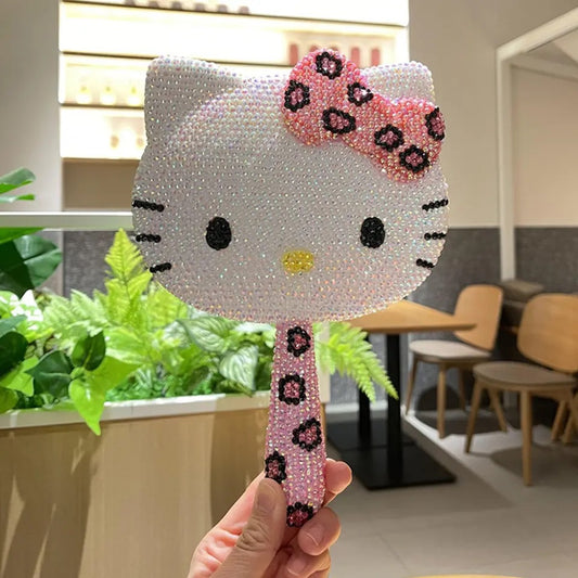 Pink Cheetah Rhinestone Handheld Hello Kawaii Kitty Mirror