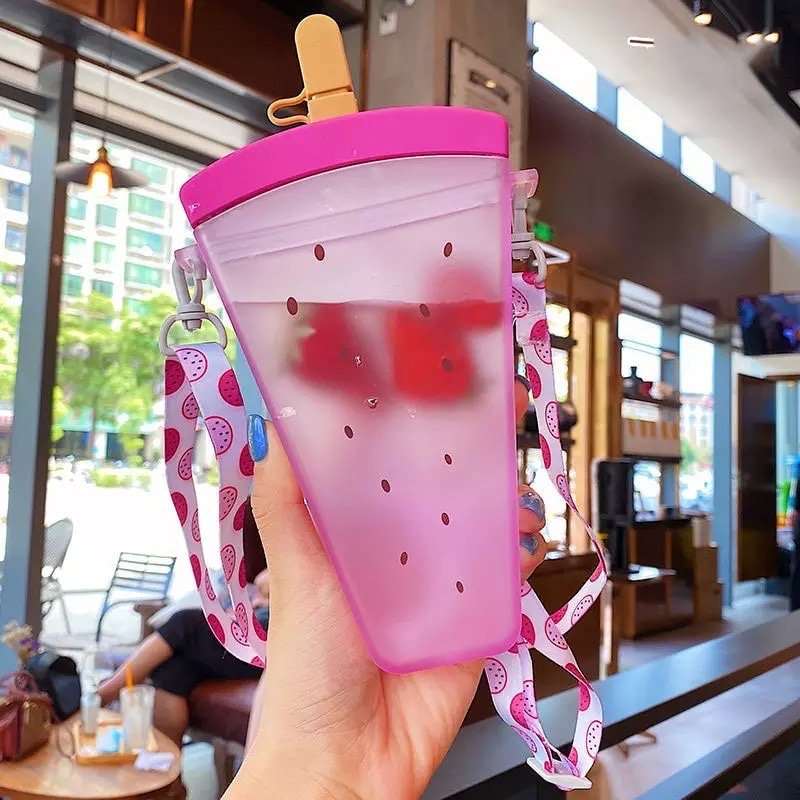 Fruit Popsicle Water Bottle with Straw + Crossbody Strap Tumblers Pink Sweetheart