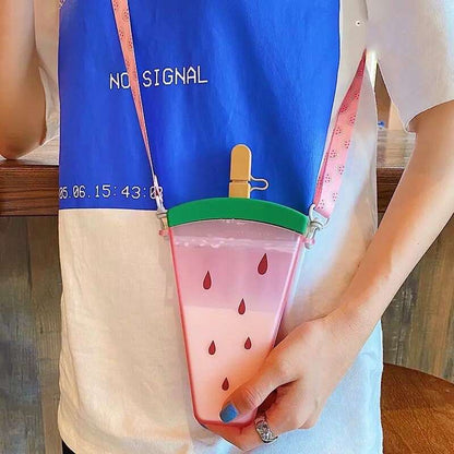 Fruit Popsicle Water Bottle with Straw + Crossbody Strap Tumblers Pink Sweetheart