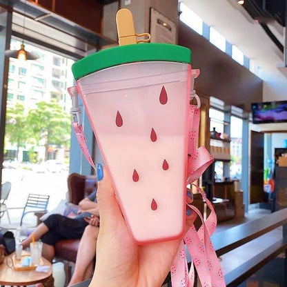 Fruit Popsicle Water Bottle with Straw + Crossbody Strap Tumblers Pink Sweetheart