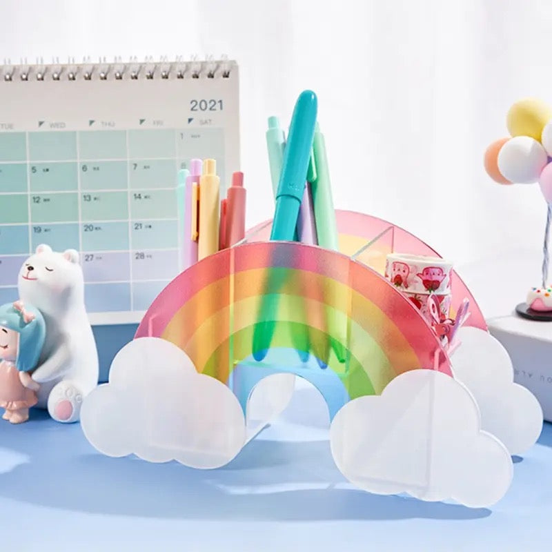 Sleek Rainbow Glitter Clear Acrylic Desk / Beauty Organizer – Aura