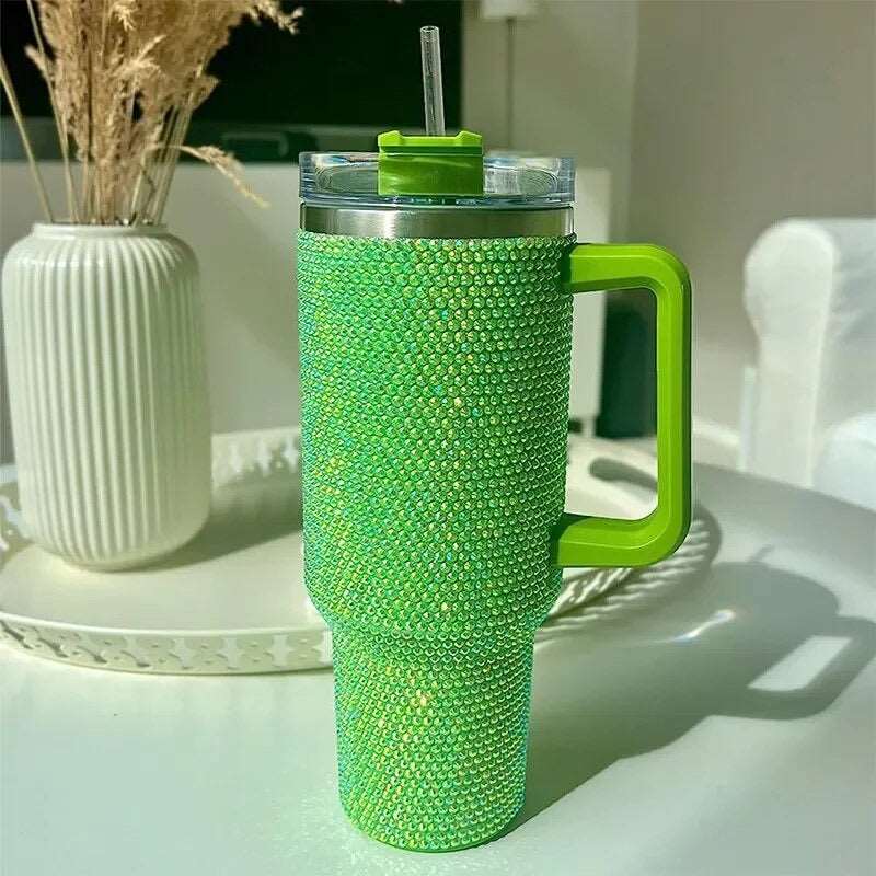40oz Diamond Stainless Steel Tumbler with Handle Straw