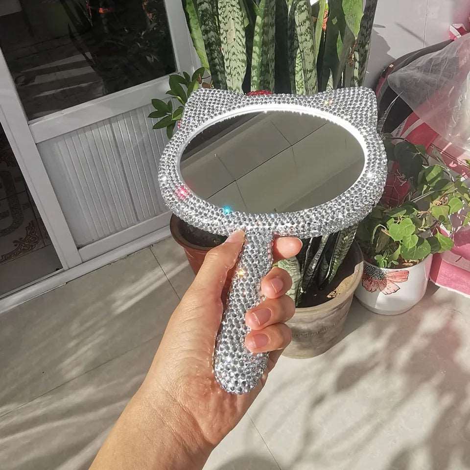 Platinum Diamond Rhinestone Handheld Hello Kitty Mirror Face Mirrors Pink Sweetheart