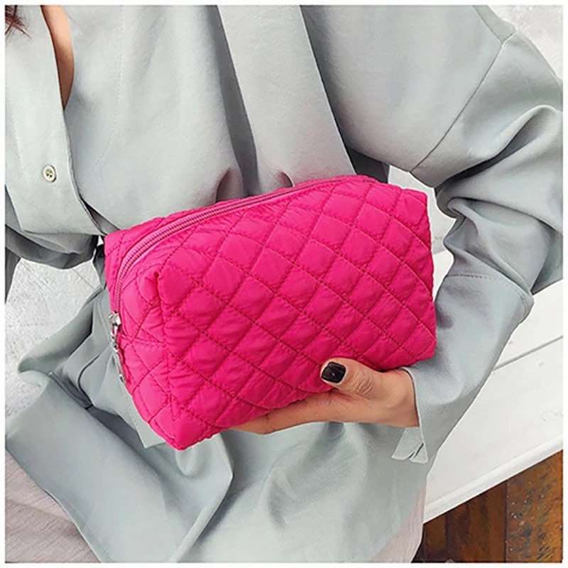 Quilted Puffy Cosmetic Makeup Bag Pouch Pink Sweetheart