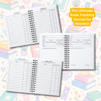 Three open spiral-bound book tracking journal pages are shown on a pastel illustrated background with books, flowers, and a yellow text bubble reading 'The Ultimate Book Tracking Journal for Readers!'. The product appears to be printable or physical tracking sheets for a journal, not a person or real environment, so this fits Product/Packaging rather than Lifestyle.