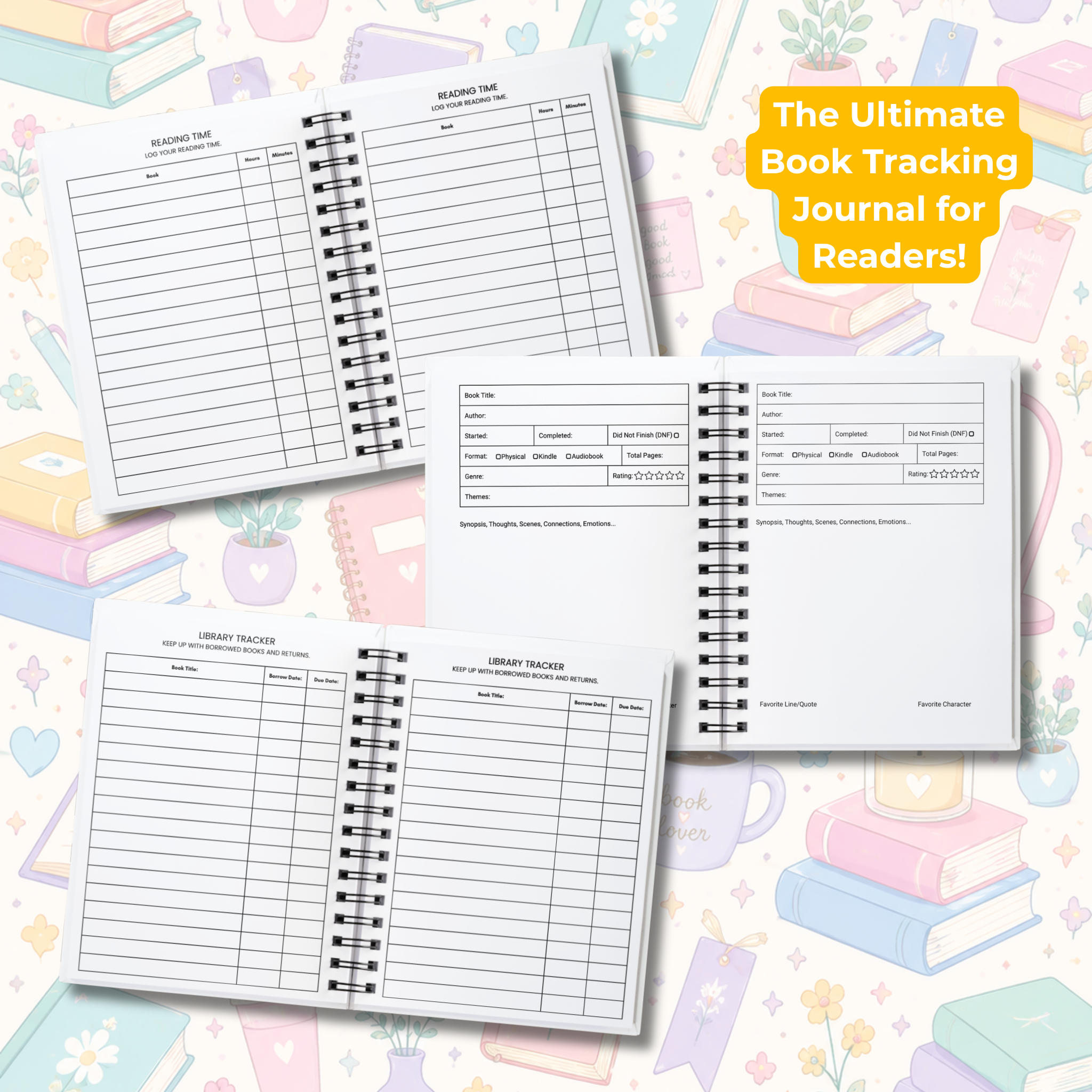 Three open spiral-bound book tracking journal pages are shown on a pastel illustrated background with books, flowers, and a yellow text bubble reading 'The Ultimate Book Tracking Journal for Readers!'. The product appears to be printable or physical tracking sheets for a journal, not a person or real environment, so this fits Product/Packaging rather than Lifestyle.