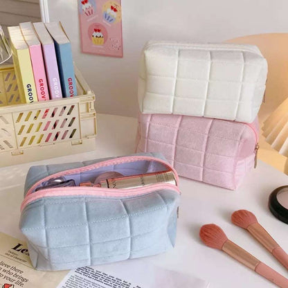 Square Quilted Puffy Plush Cosmetic Multifunction Makeup Bag Pink Sweetheart