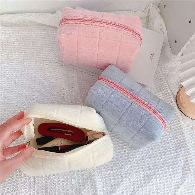 Square Quilted Puffy Plush Cosmetic Multifunction Makeup Bag Pink Sweetheart