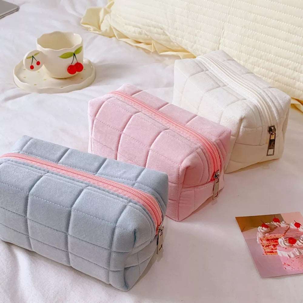 Square Quilted Puffy Plush Cosmetic Multifunction Makeup Bag Pink Sweetheart
