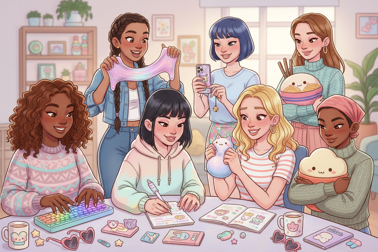 a cartoon but realistic diverse group of young women enjoying different goodies such as keyboard fidgets, slime, stationery, phone accessories, squishies, plushies and other cute items