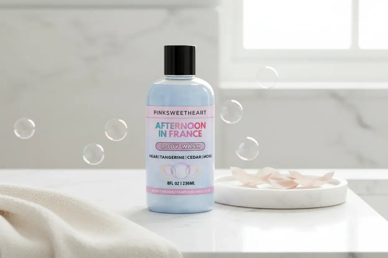 Body wash bottle labeled 'Afternoon in France' with a pink label on a white background