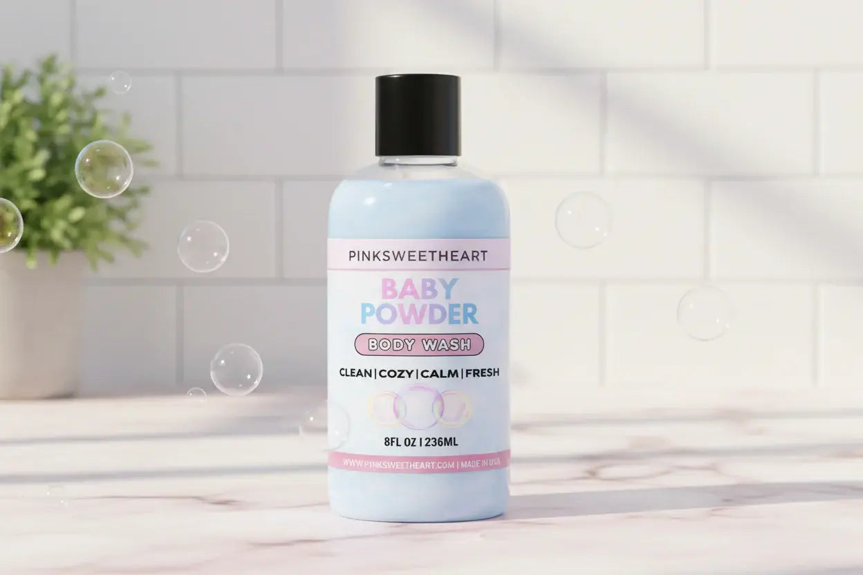 Baby powder body wash bottle with pastel design on a white background