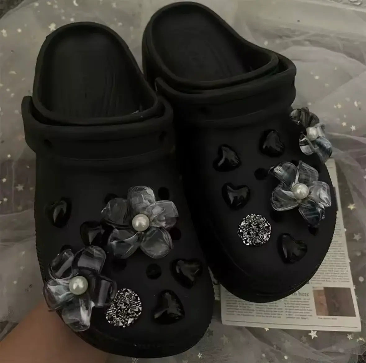 Black Heart Bloom Clog Charms Set