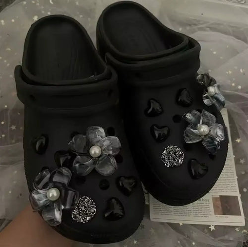 Black Heart Bloom Clog Charms Set