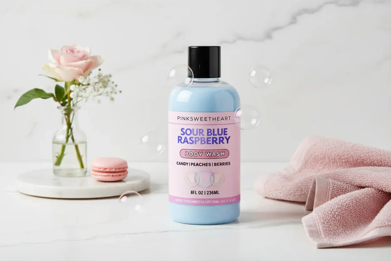 Body wash bottle with pink label on a white background