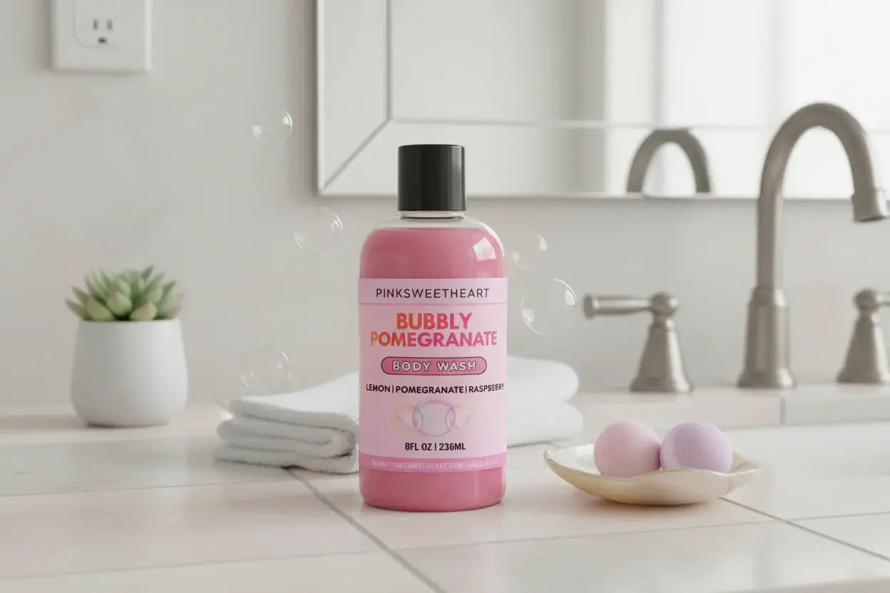 Pink bottle of Pinksweetheart Bubbly Pomegranate body wash on a white background