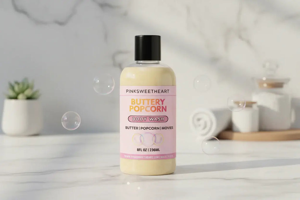 Body wash bottle labeled 'Buttery Popcorn' with pink label on a white background
