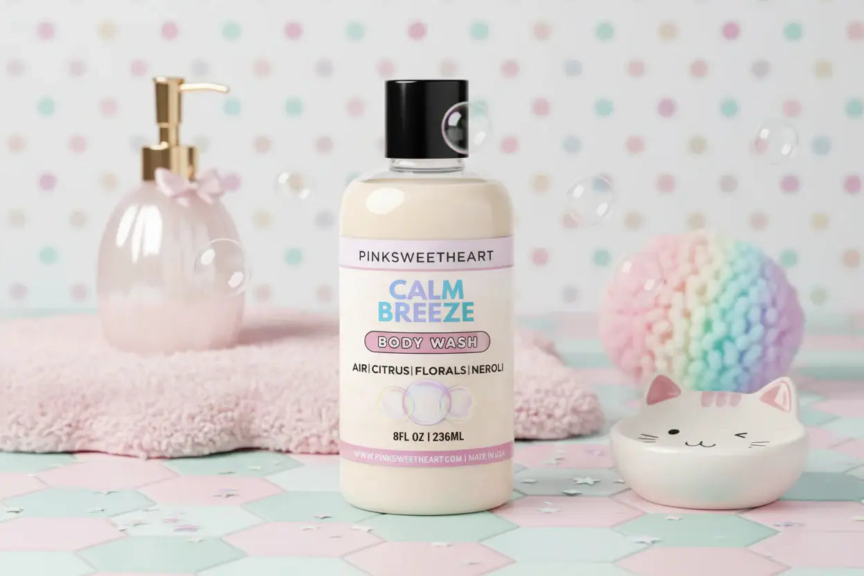 Body wash bottle labeled 'Calm Breeze' by Pinksweetheart on a white background