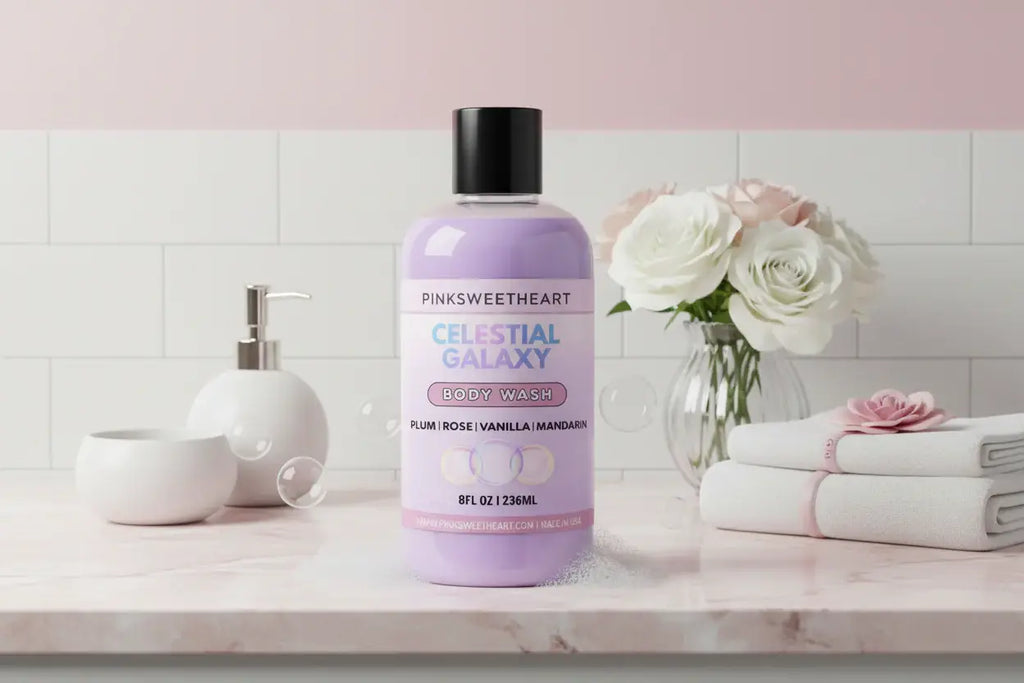 Bottle of 'Celestial Galaxy' body wash on a bathroom counter with flowers and towels.